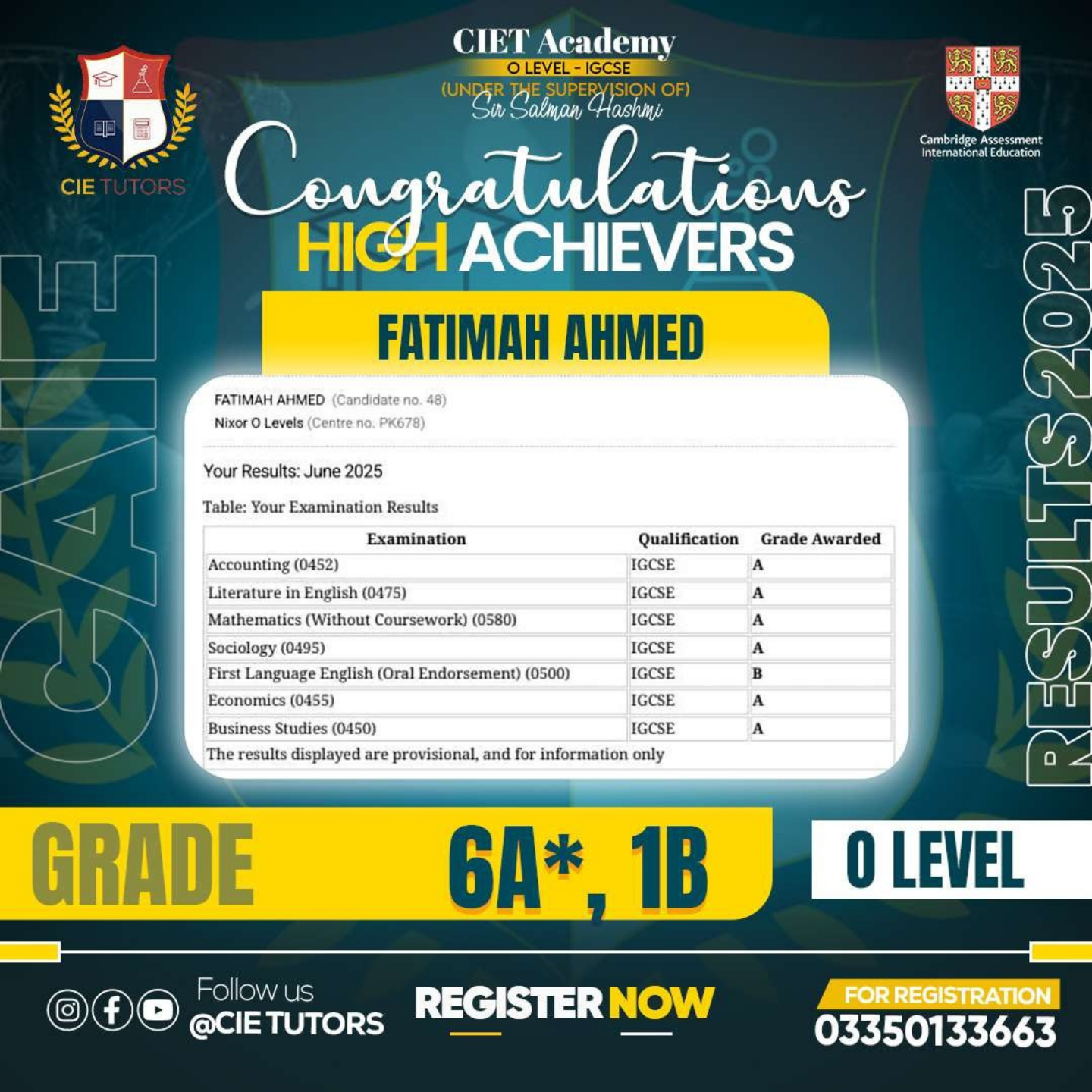 Fatimah Ahmed's marksheet